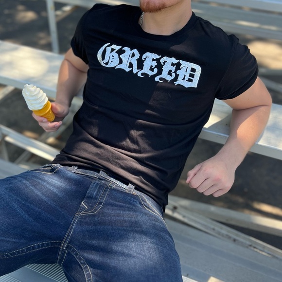 NEW JUICY COUTURE MEN SEVEN 7 SINS GREED SILVER FOIL T SHIRT DEADLY HEAVEN GOD L - Picture 4 of 16